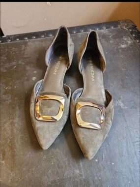 Stuart Weitzman Women's Taupe Suede Pointed D'Orsay Flats with Gold Accent